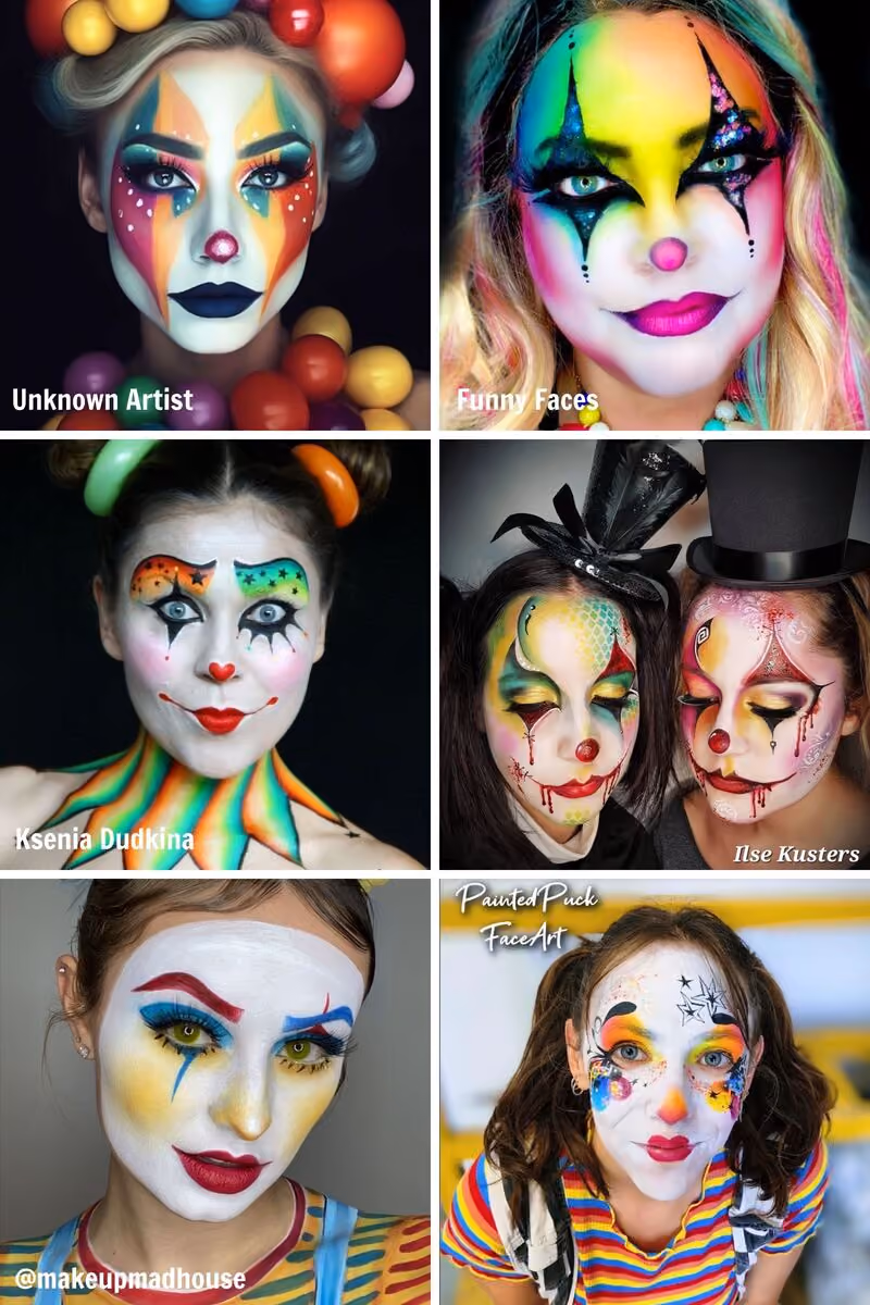 seven girls wearing creepy clown face paint designs