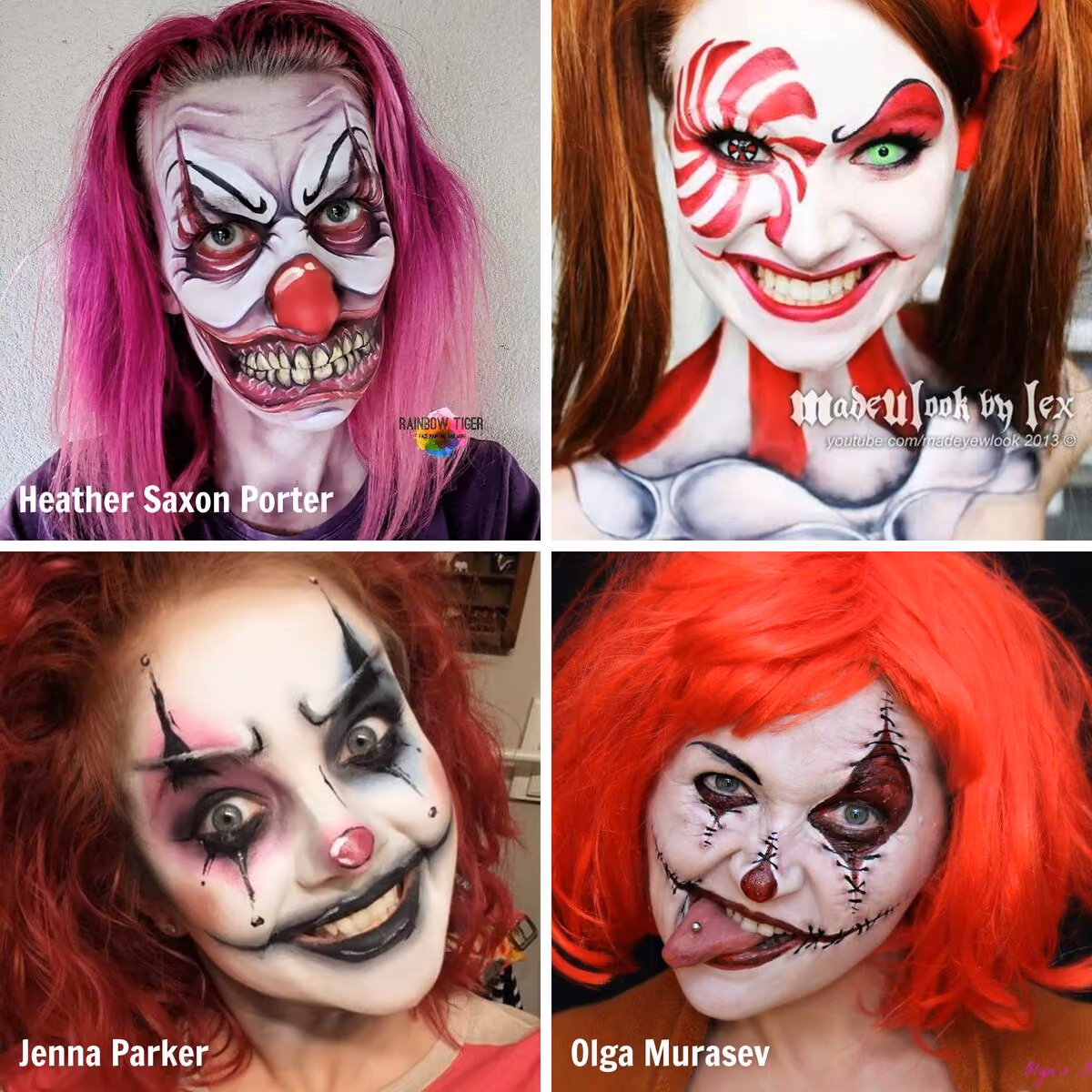 four women wearing four different creepy clown face paint designs