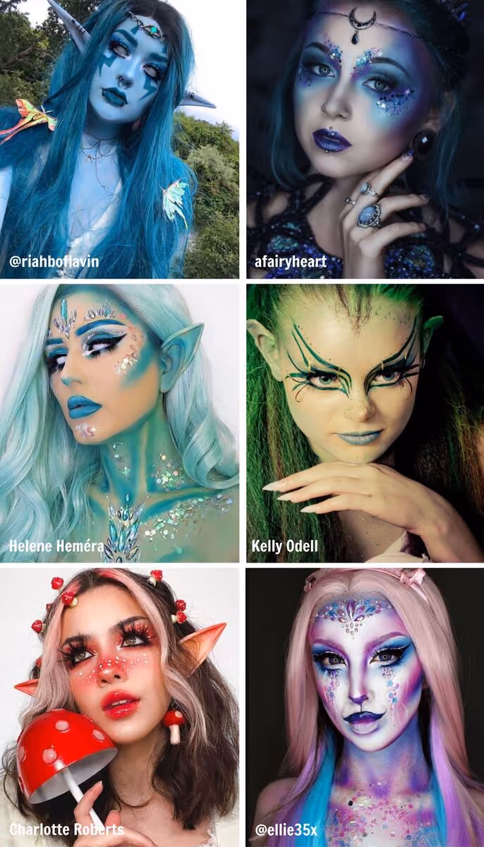 six women wearing different fairy elf face paint designs