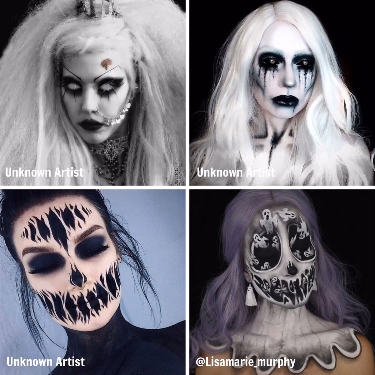 four women wearing creepy and realistic halloween face paint designs