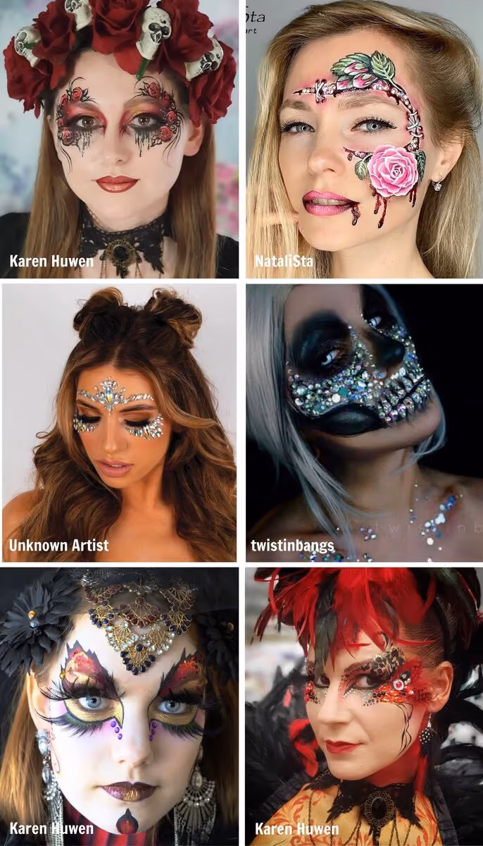 six sexy halloween themed face paintings on six different women