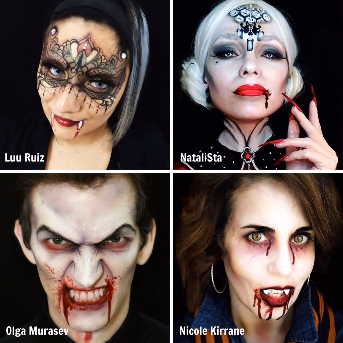 a man and three women wearing different adult vampire face paint designs
