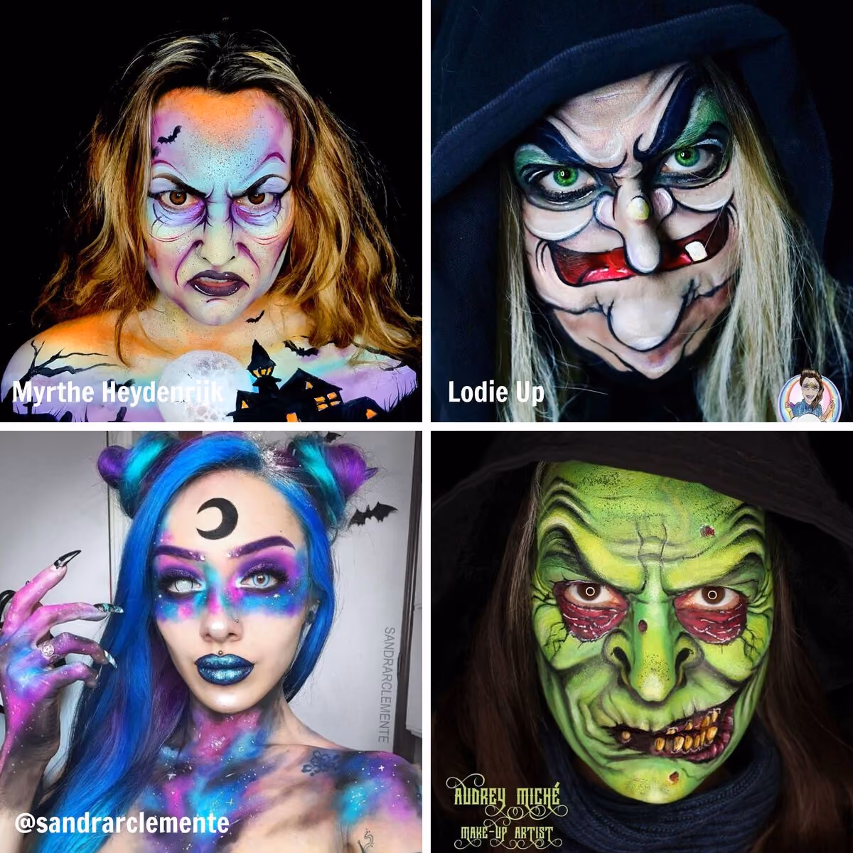 four girls wearing different witch face painting designs