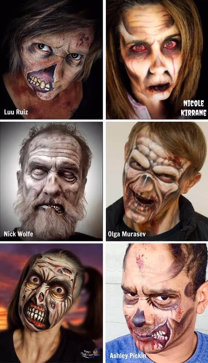 three women and three men with amazing realistic zombie face paintings