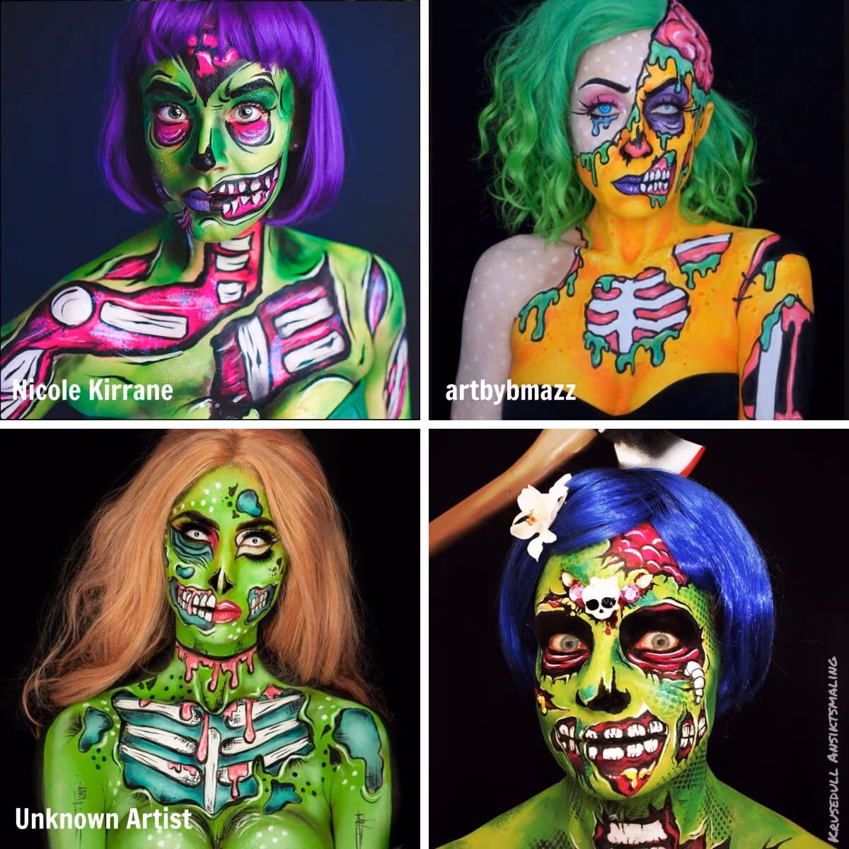 four images of women wearing different colorful zombie body and face paint designs