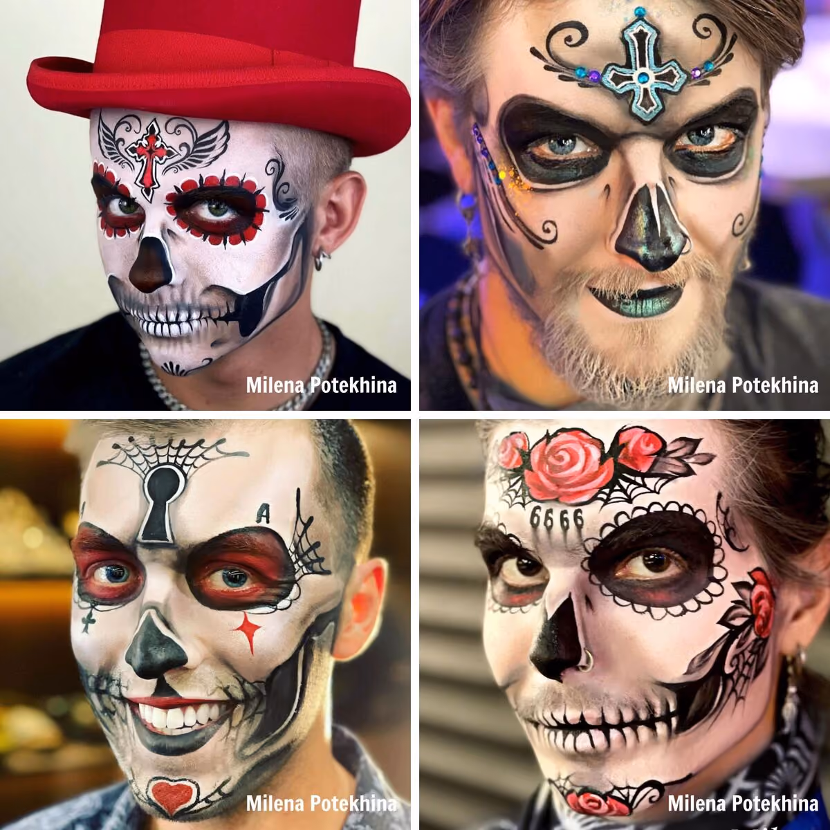 four men wearing different sugar skull face paint designs