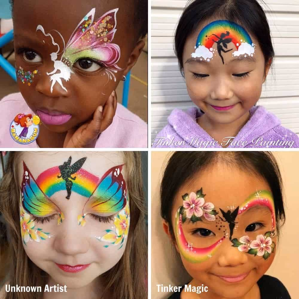 four girls wearing a tinker bell face painting design