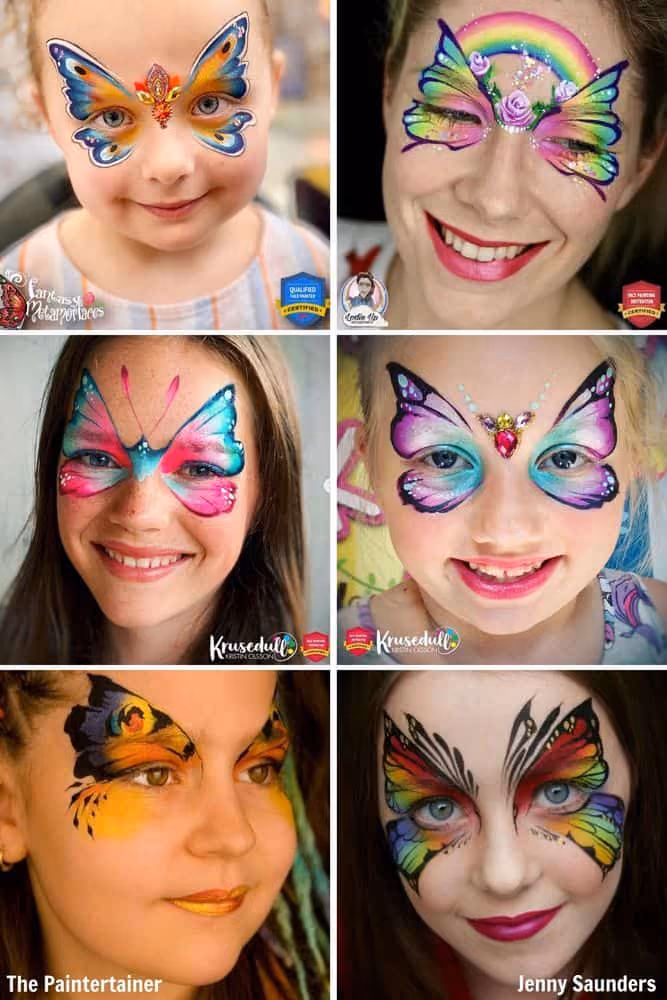 six girls wearing different butterfly face paint designs on their faces