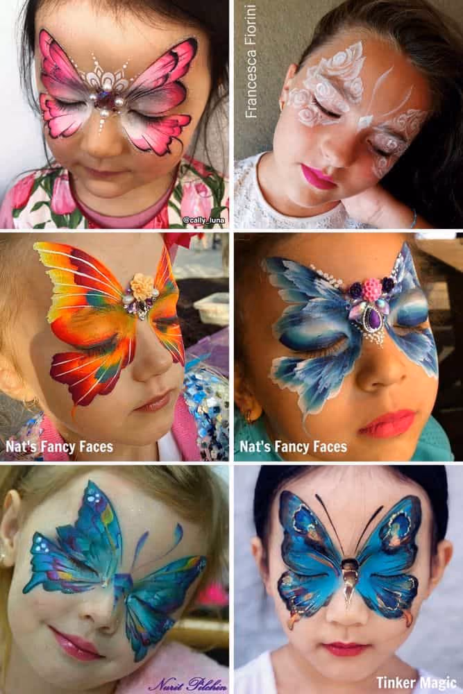 six girls wearing different butterfly face paintings on their faces