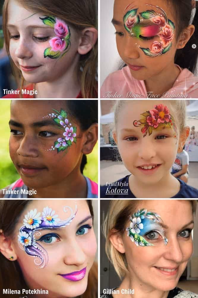 two women and two girls with different flowers face painting designs on their faces
