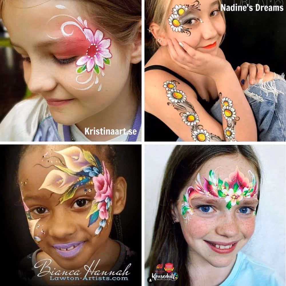 four girls wearing different colorful flowers face paintings on their faces and some on arms