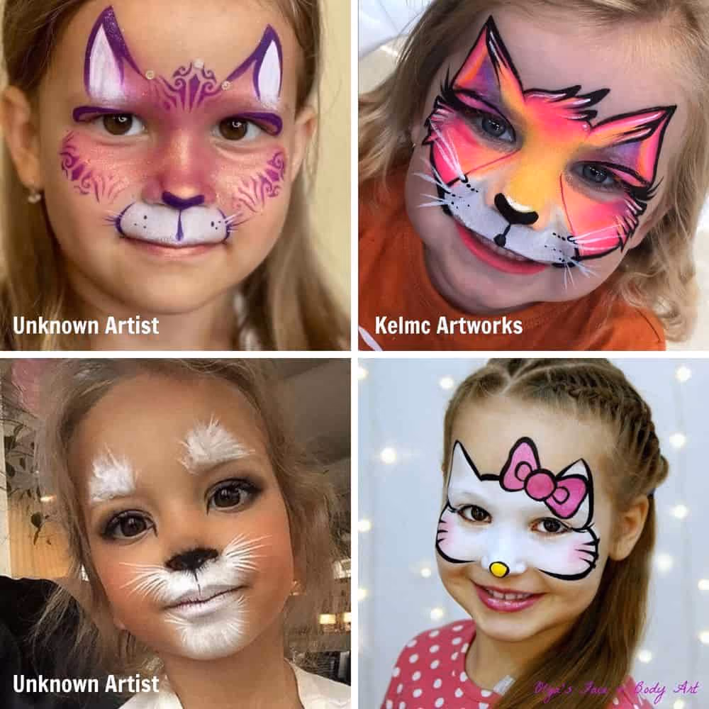 four girls wearing different colorful kitty cat face paint designs