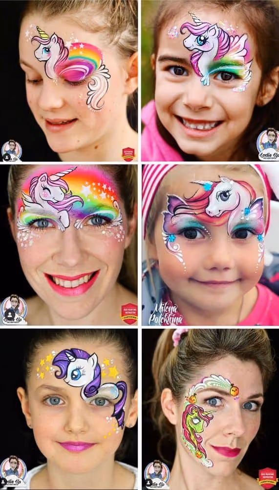 three women and three girls with different cartoony unicorn face paint designs