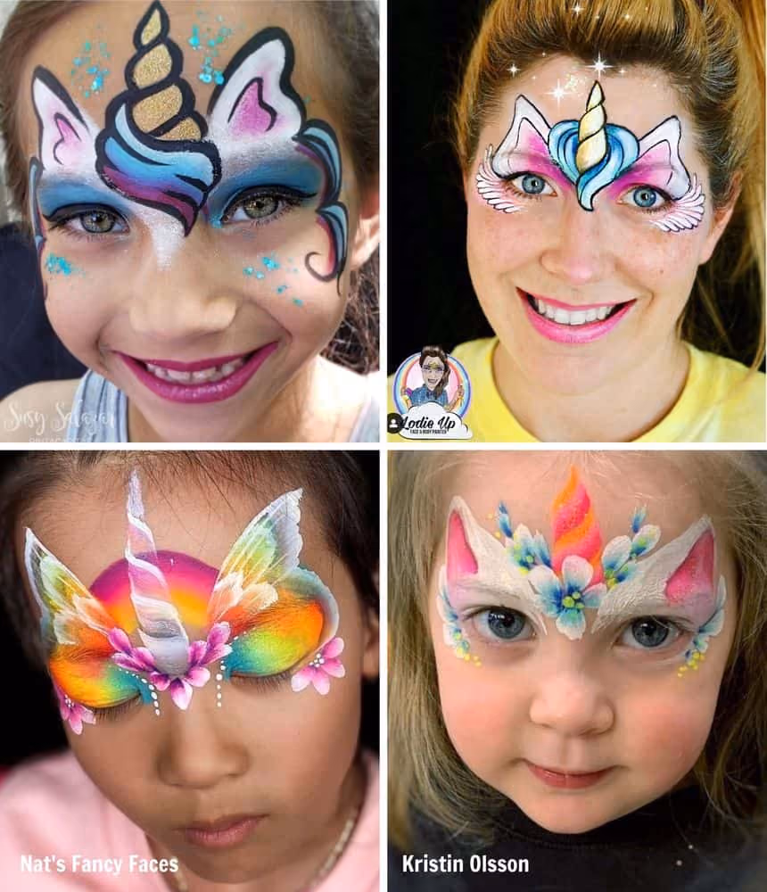 a woman and three girls with different unicorn face paint designs