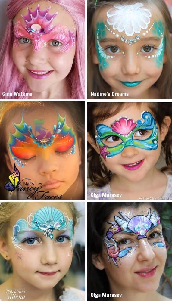 six girls with different colored mermaid crown face painting designs