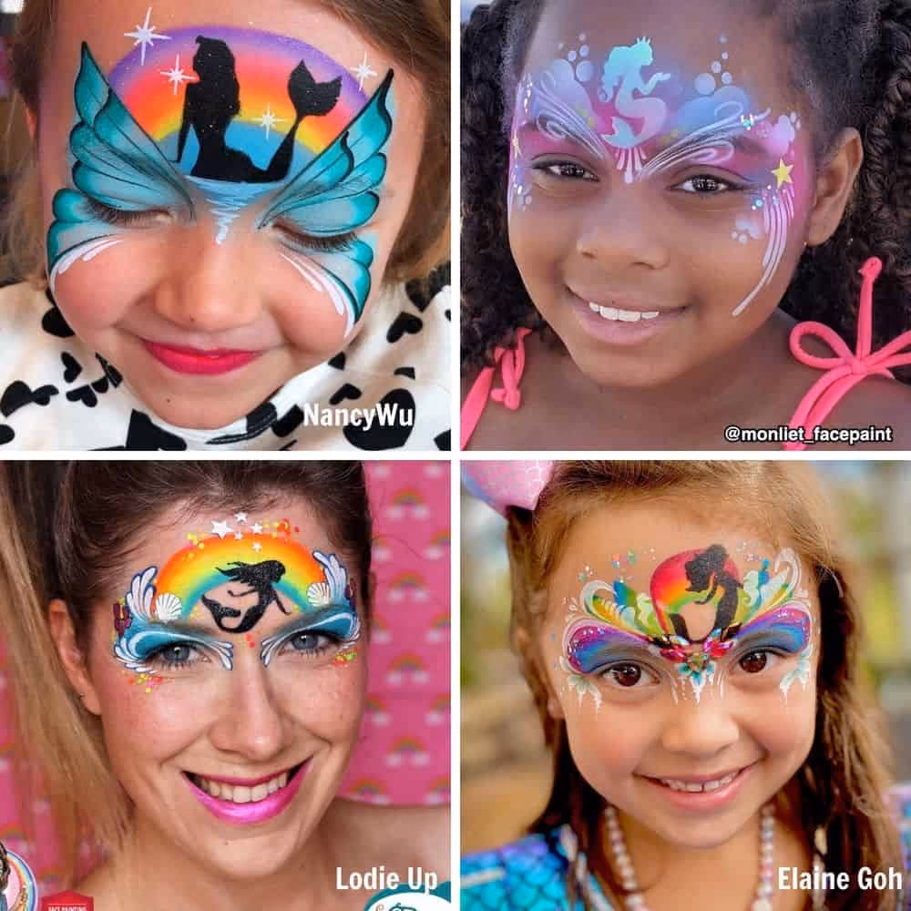 a woman and three girls with different mermaid face paint designs