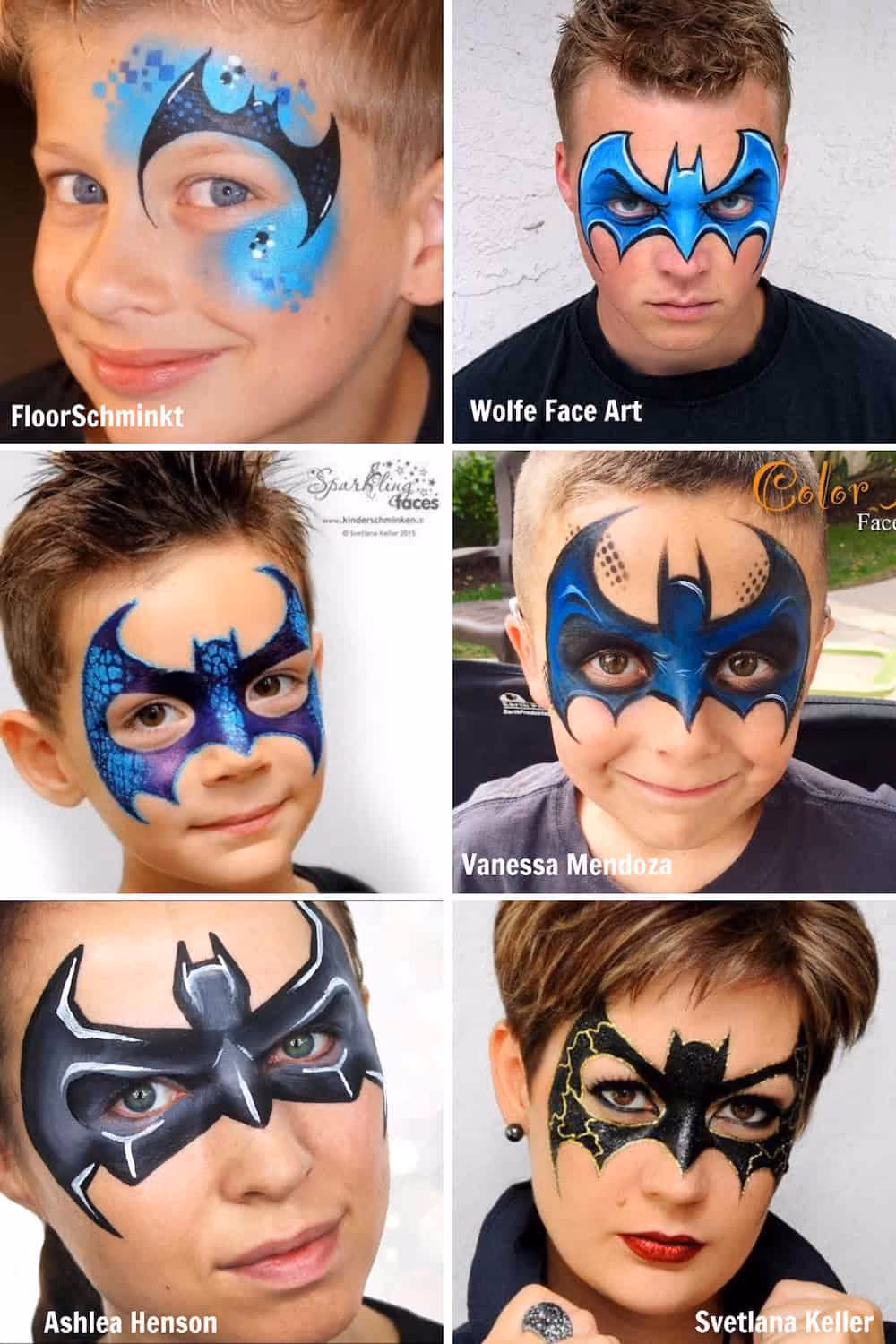 six different batman face paint designs od six different people