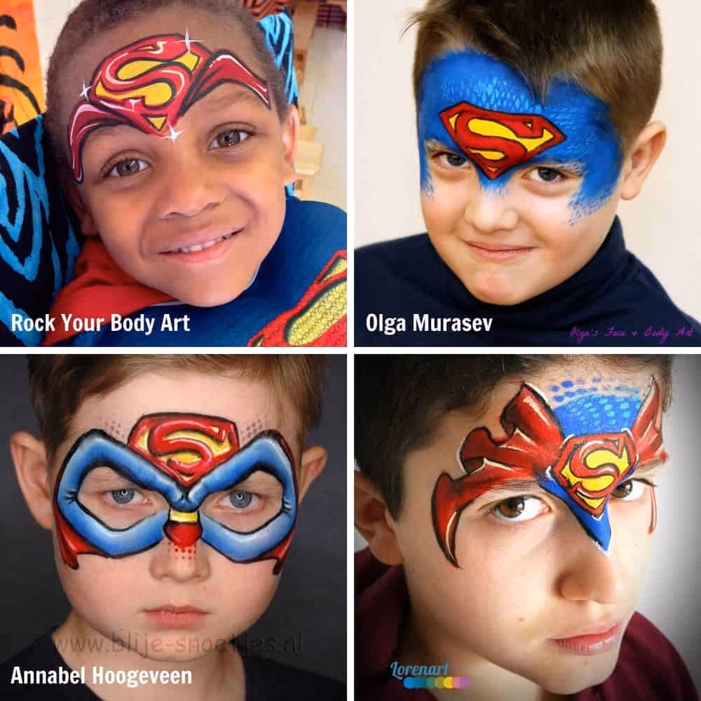 four little boys wearing different superman face paint designs