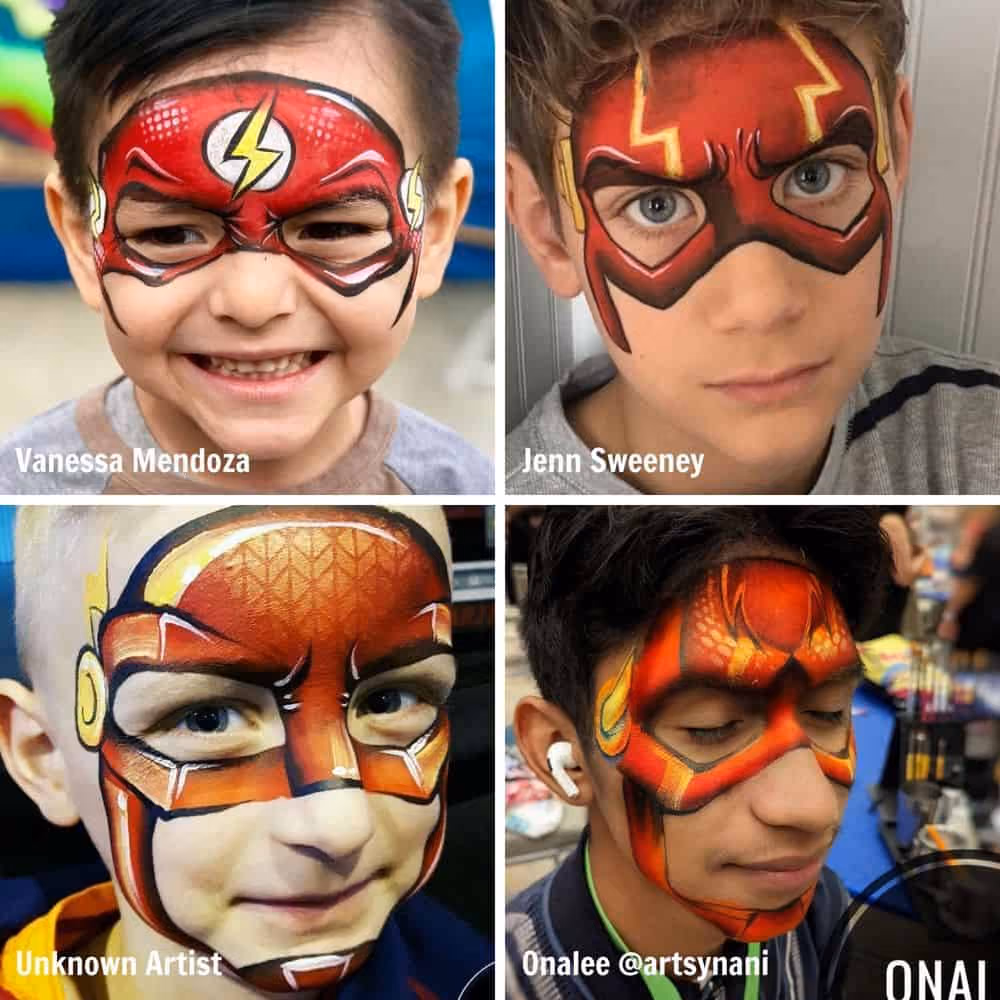 four boys wearing different flash face paint designs