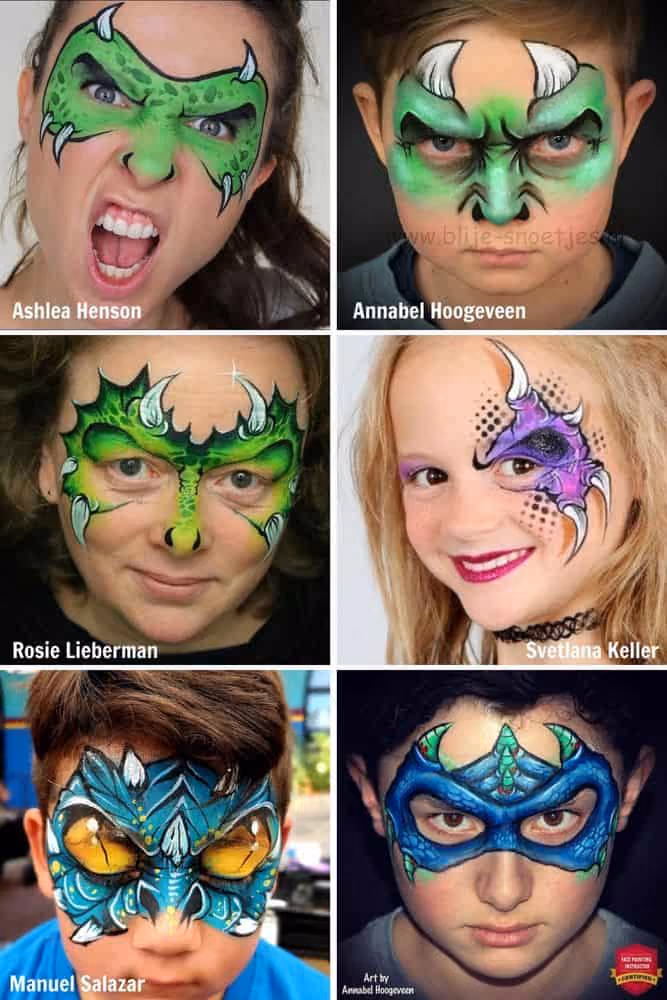 three boys, two women and a girl wearing different dinosaur face paint designs