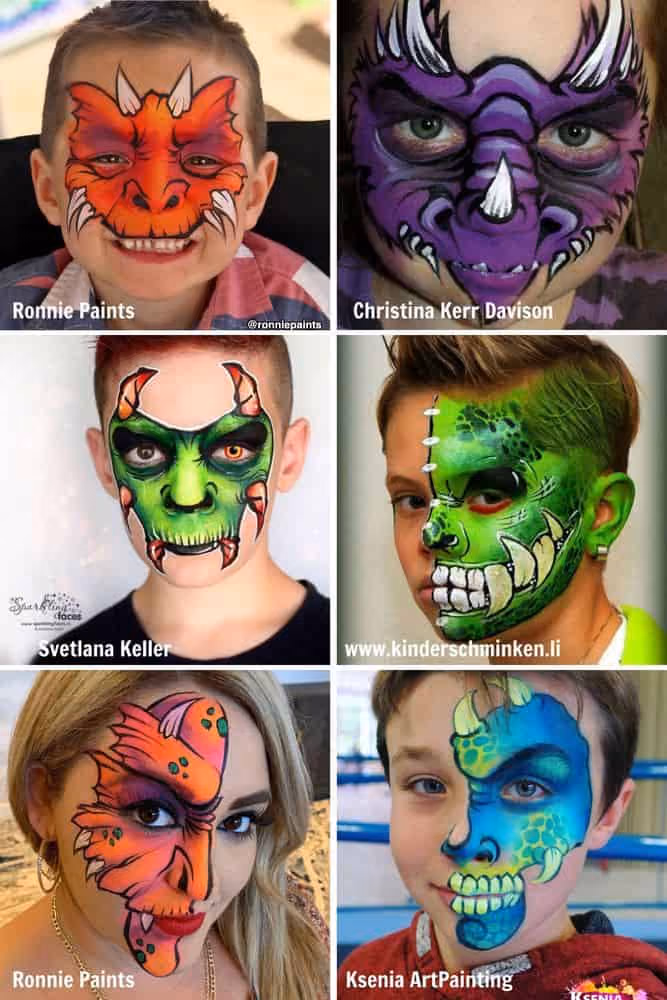 five boys and a woman with different dragon face paint designs