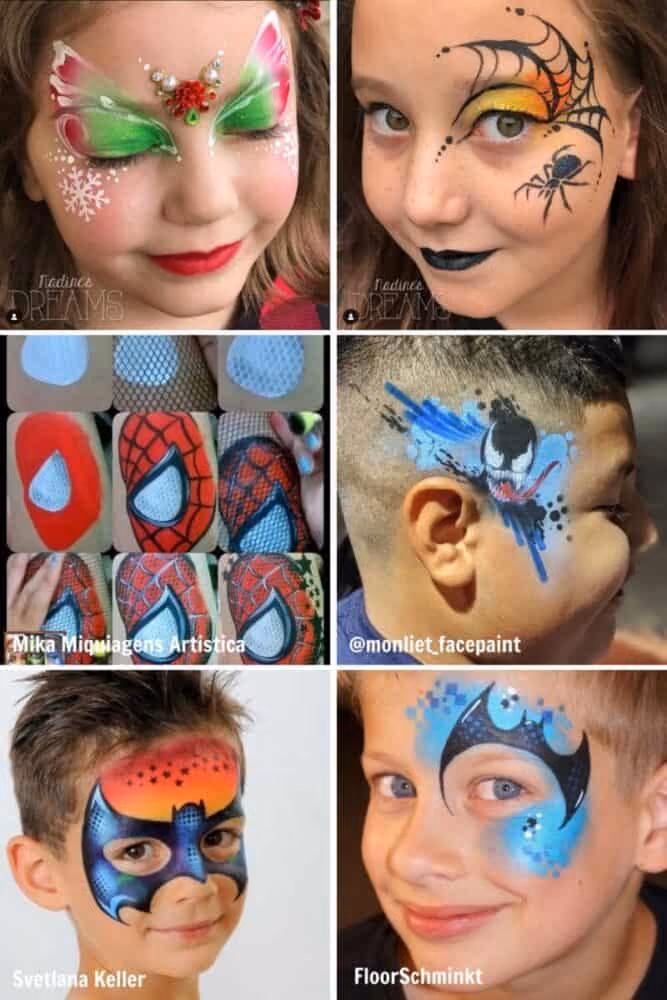 two girls and three boys wearing different superhero, buttefly and spider face paintning designs