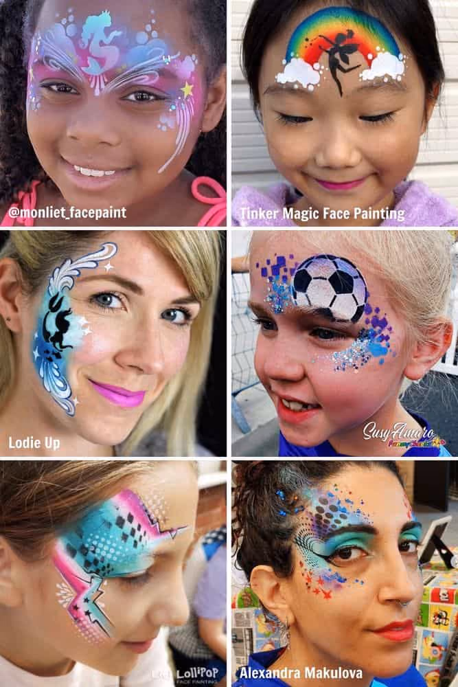 two women and four kids wearing different and simple face painting designs