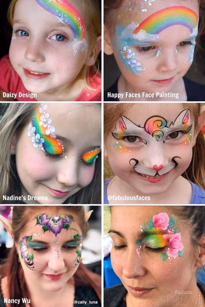 a woman and five girls wearing different rainbow, cat and flowers face paint designs
