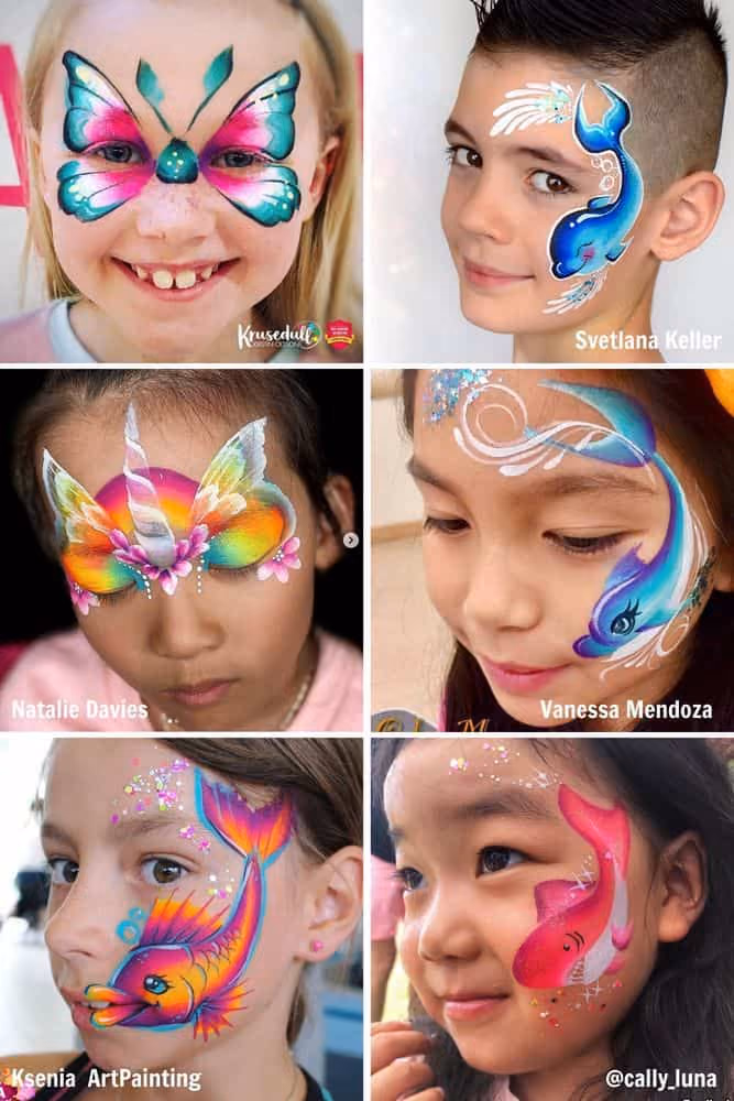 a boy and five girls wearing different butterfly, unicorn and fish face paint designs