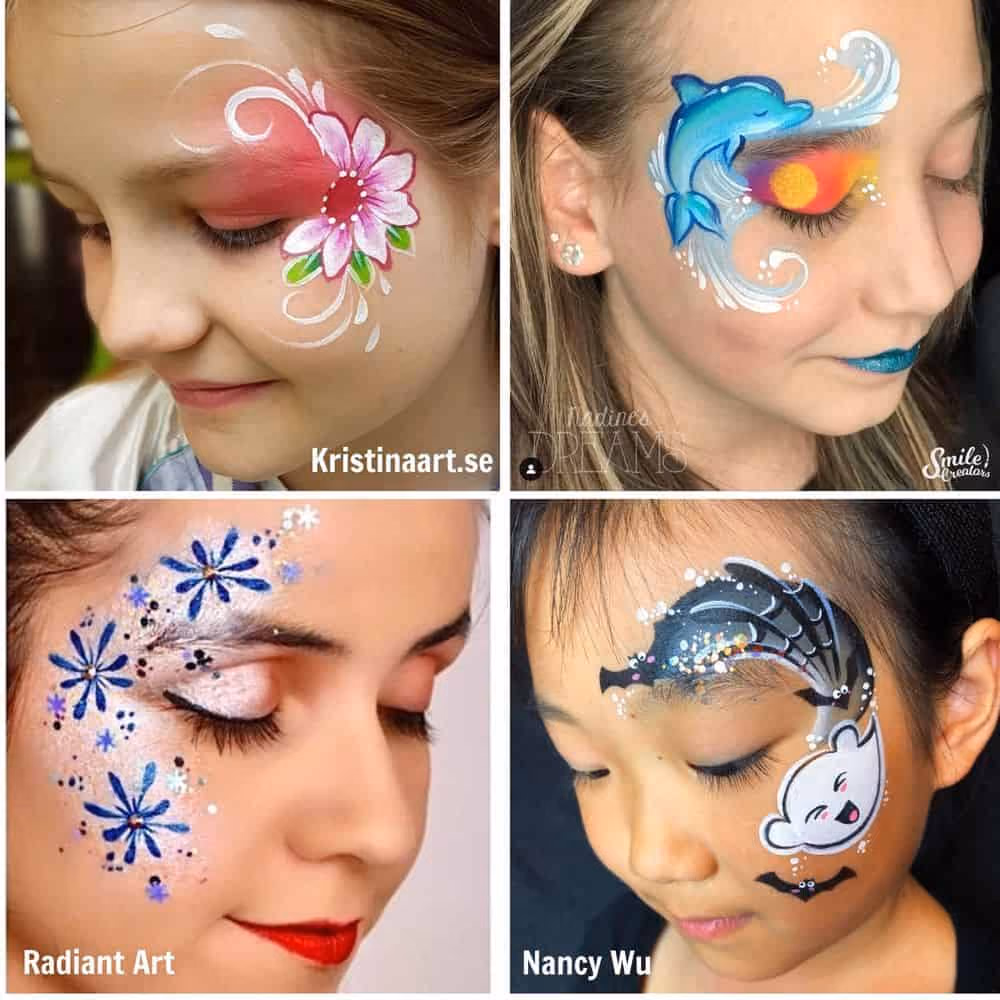 four girls wearing different face paintings - a flower, a dolphin, a ghost and flowers