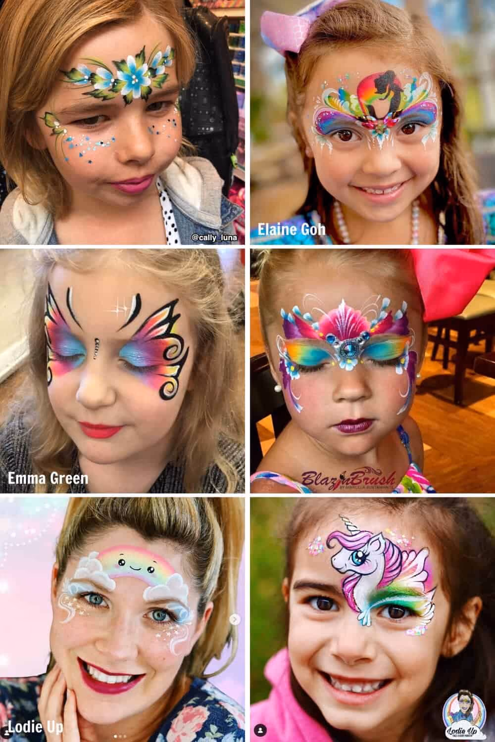 a woman and five girls wearing different fast and colorful face paint designs