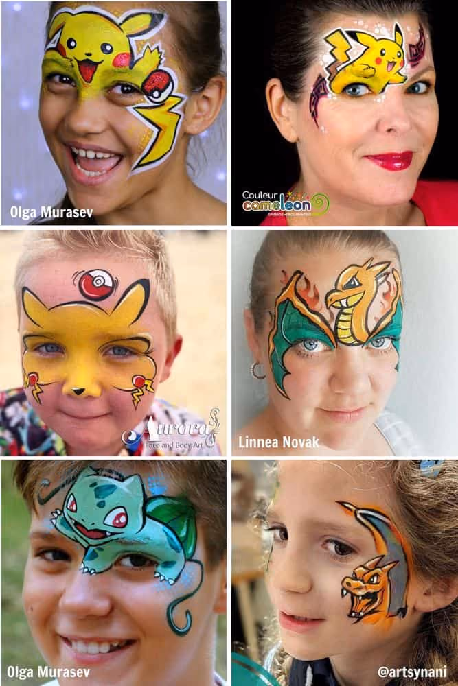 a woman and five children wearing different pokemon face paint designs