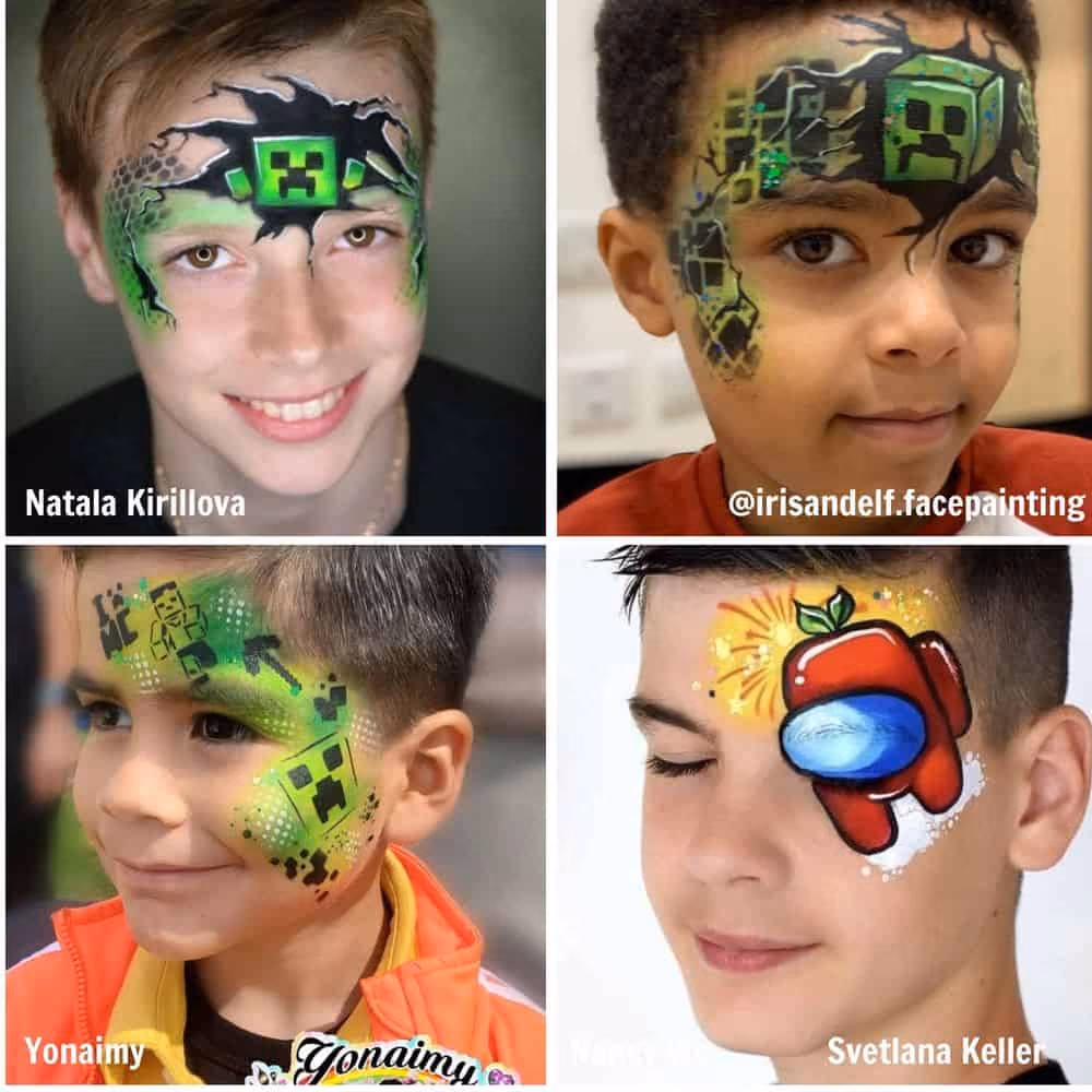 four boys wearing video game face paints - three from minecraft and one from amongus