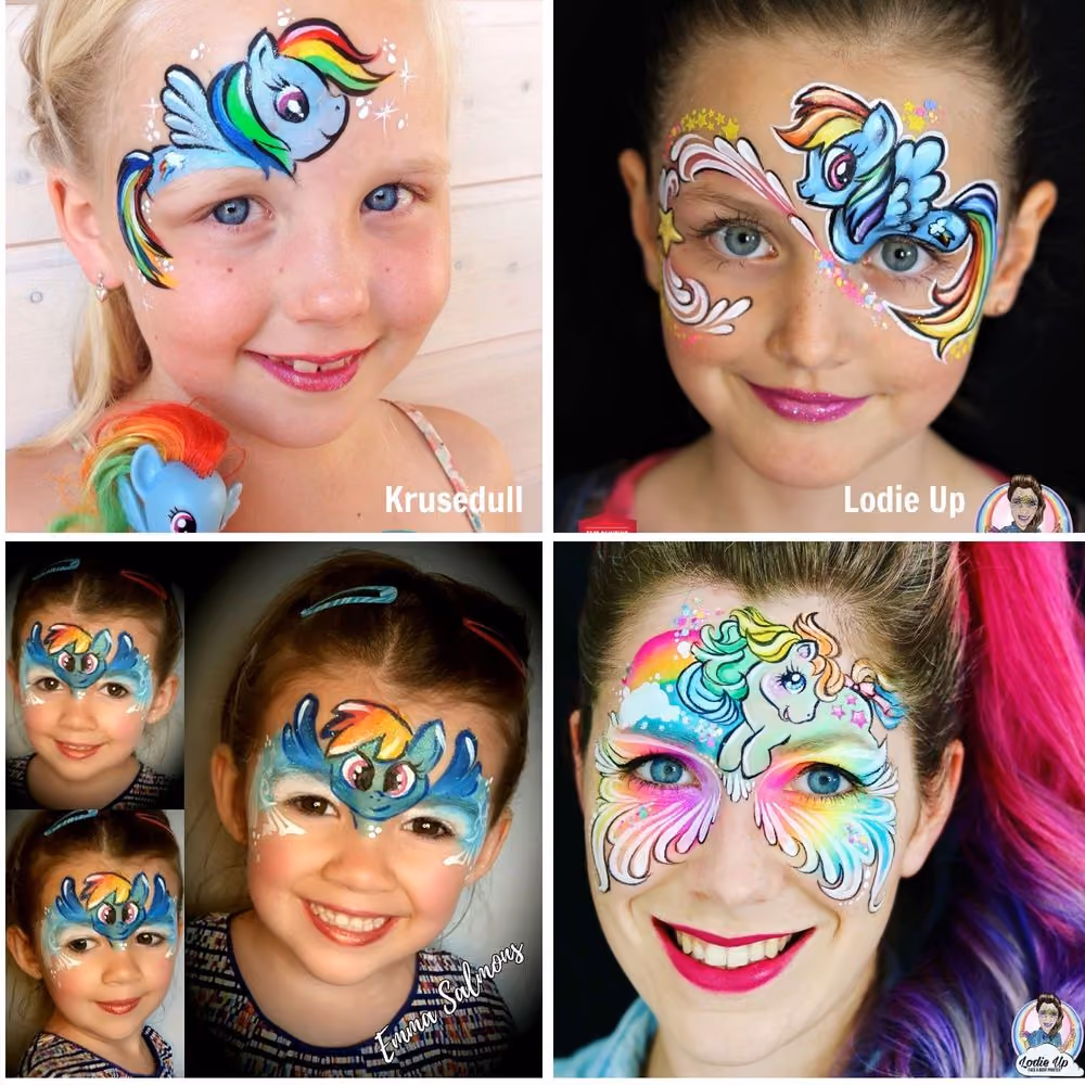 a woman and three girls with adorable my little pony face paint designs