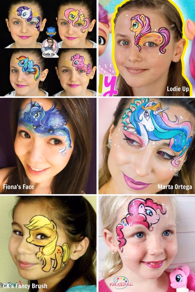 six different cartoon pony face painting designs on five girls and one woman