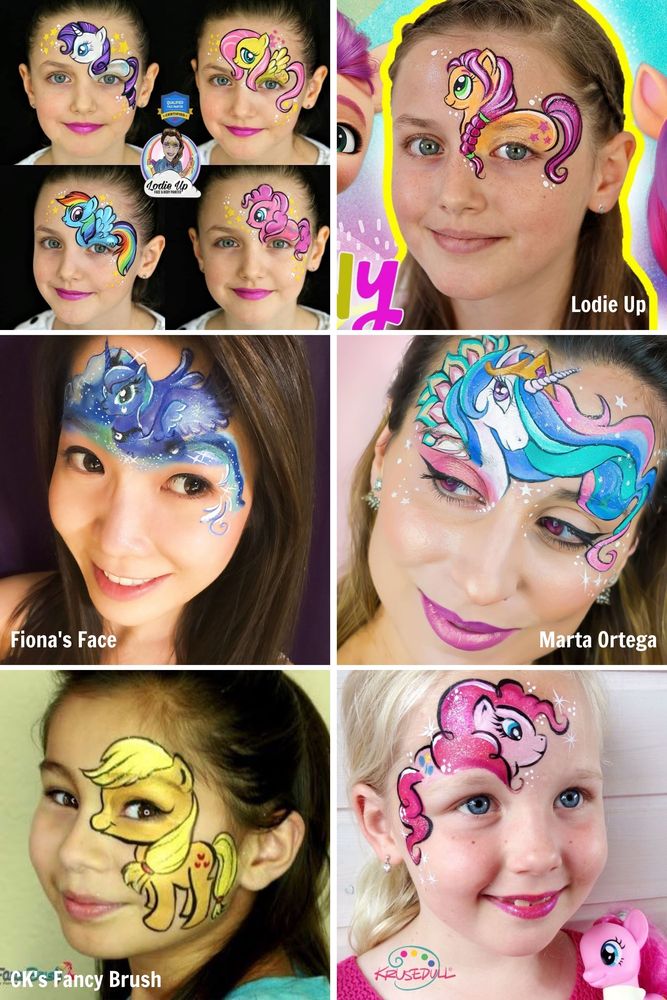 six different cartoon pony face painting designs on five girls and one woman