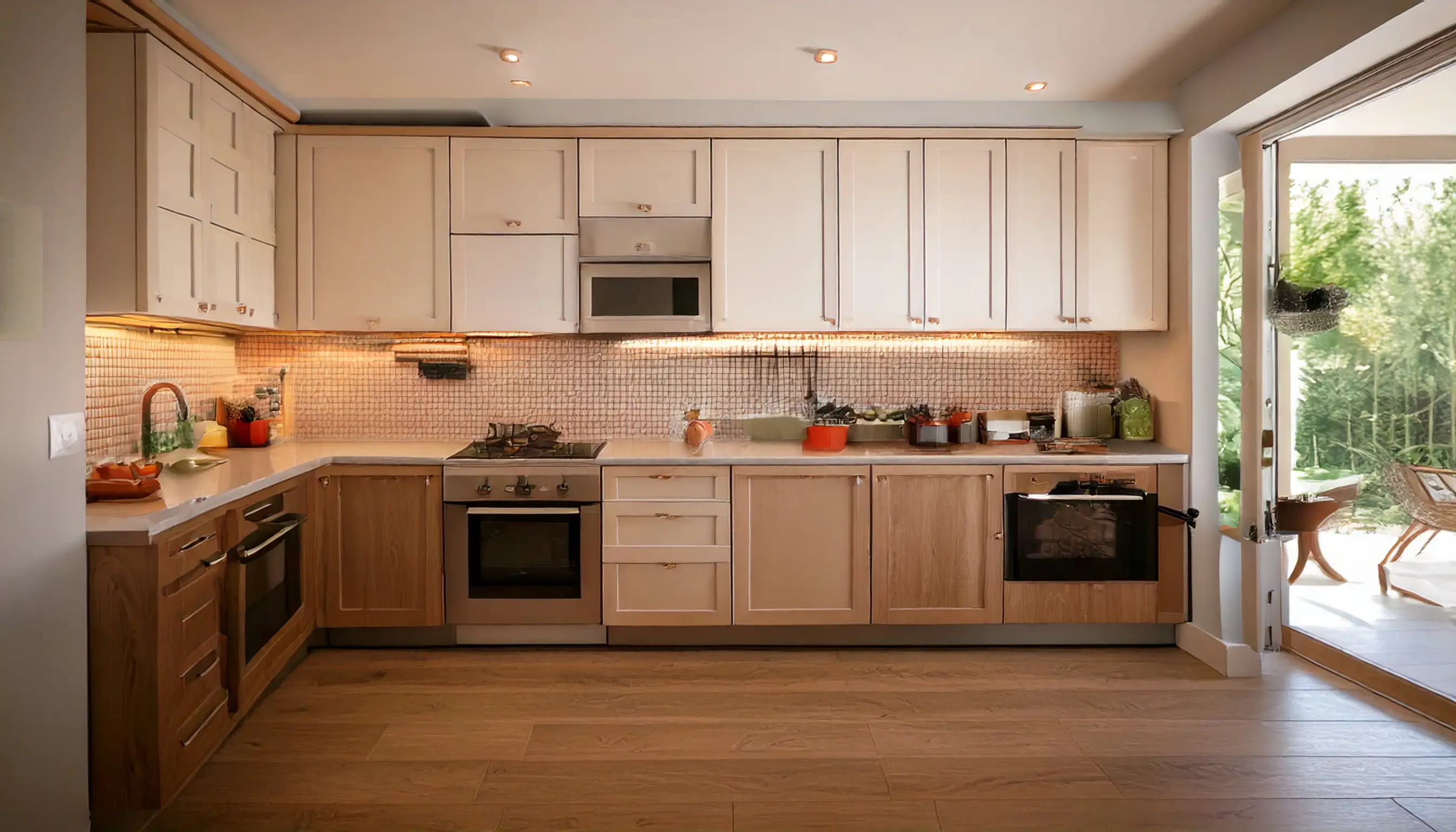 A kitchen with a stove top oven sitting inside of it.