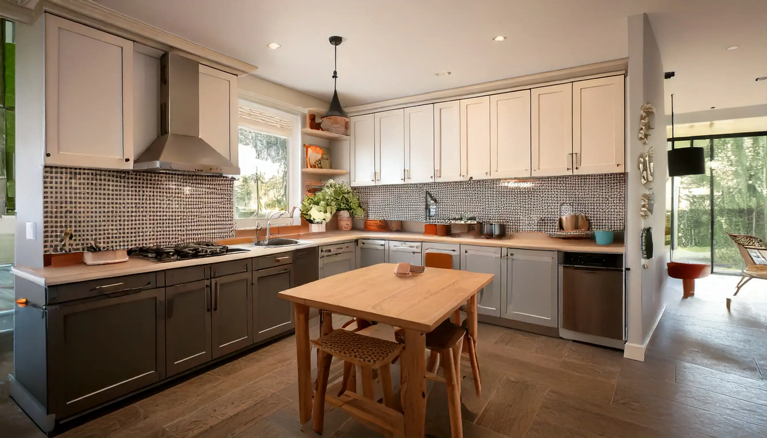 A kitchen with a wooden table in the middle of it.
