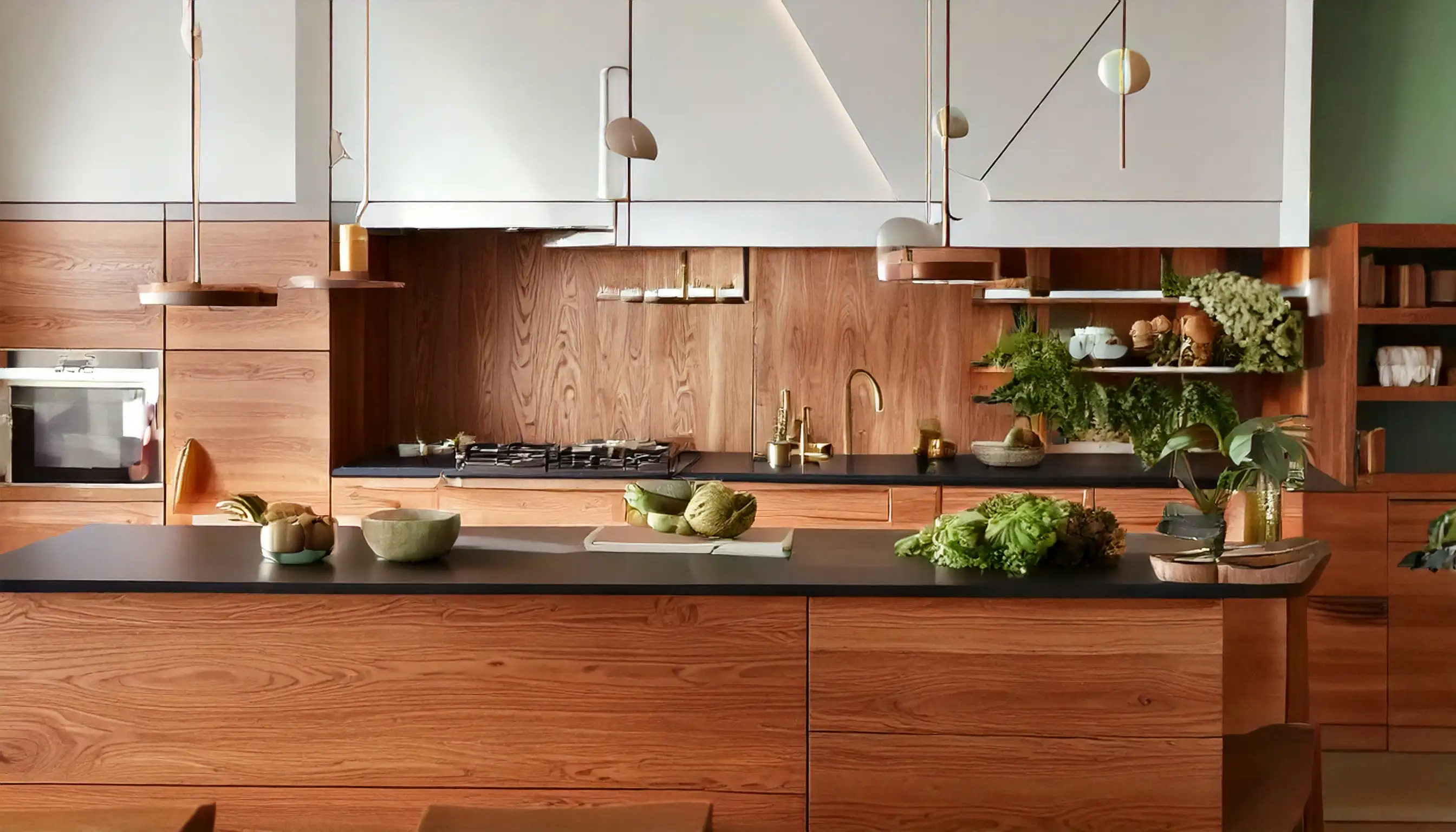 A kitchen with wooden cabinets and black counter tops.