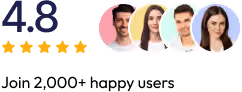 Rating of 4.8 out of 5 stars with profile pictures of four smiling diverse people in circles.