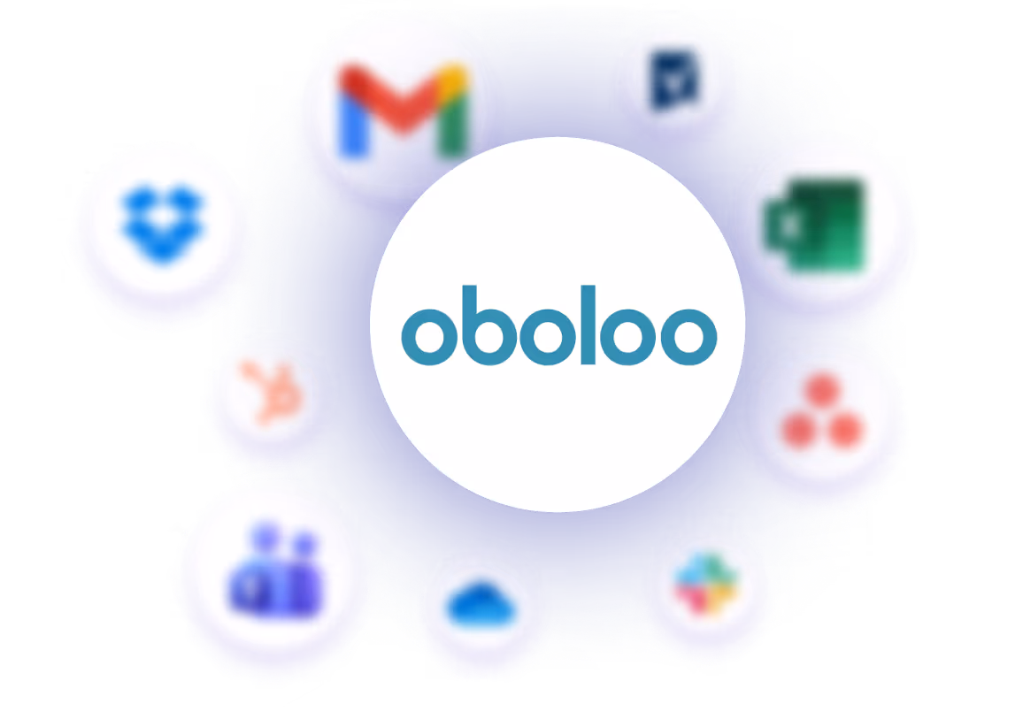 Oboloo logo surrounded by blurred icons of popular apps including Gmail, Dropbox, Microsoft Teams, OneDrive, Slack, and others.