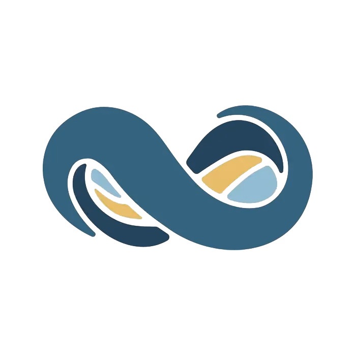 Abstract logo featuring an infinity symbol in blue with yellow and light blue shapes inside the loops.