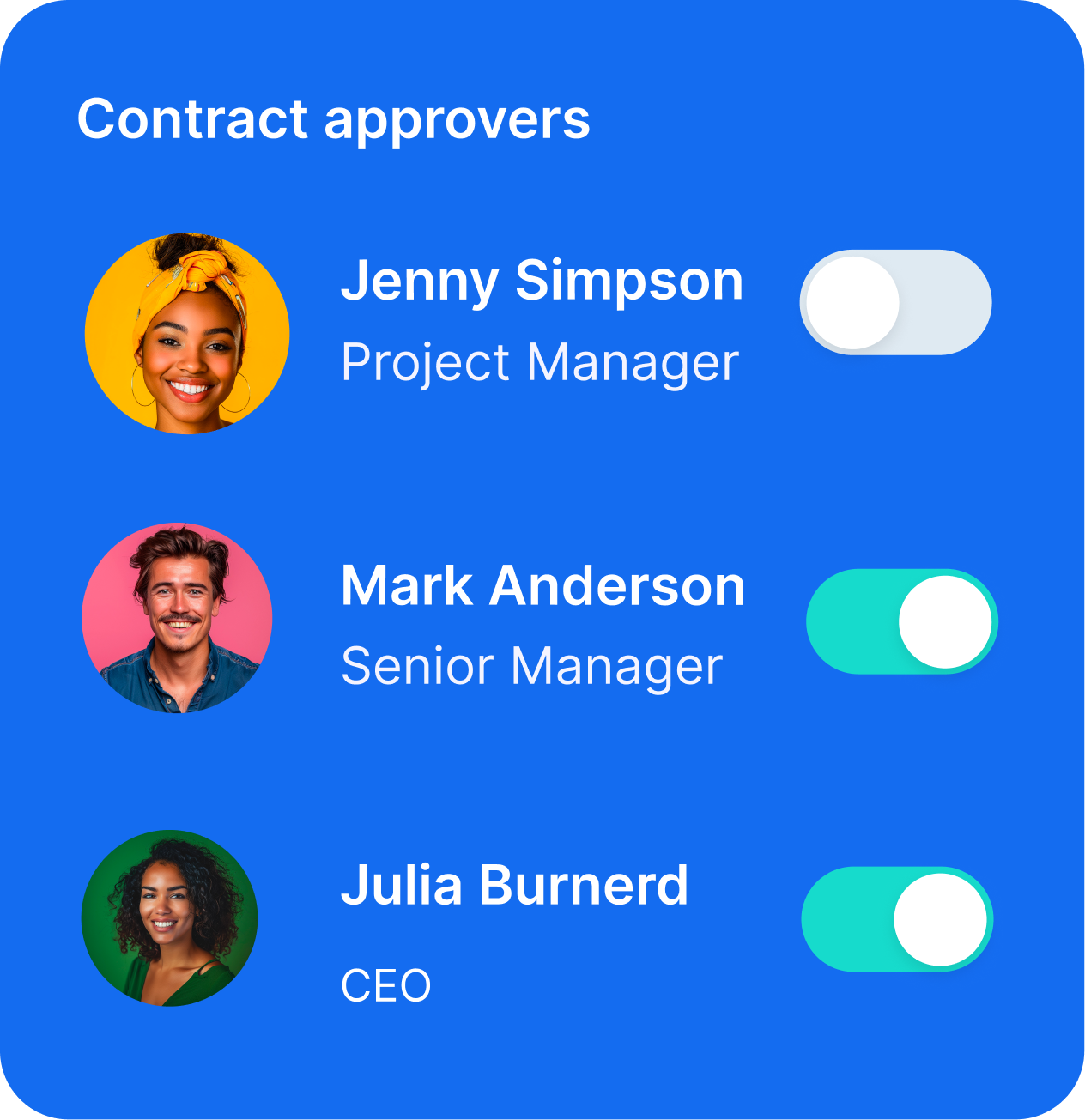 Contract approvers list showing Jenny Simpson, Project Manager with toggle off, Mark Anderson, Senior Manager with toggle on, and Julia Burnerd, CEO with toggle on.