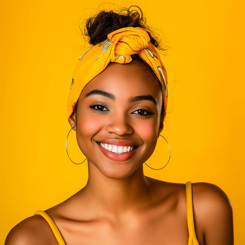 Smiling young woman with hoop earrings and a yellow headband against a yellow background.