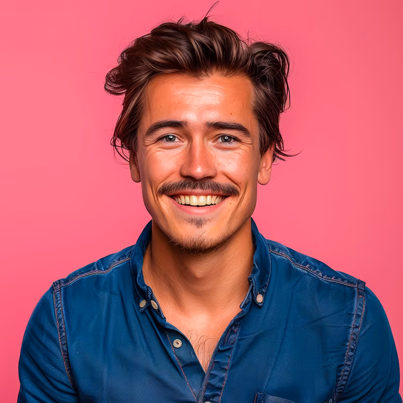 Smiling young man with mustache and goatee wearing a blue denim shirt against a pink background.