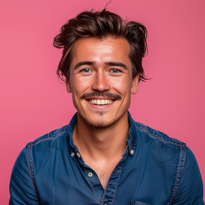 Smiling young man with mustache and goatee wearing a blue denim shirt against a pink background.