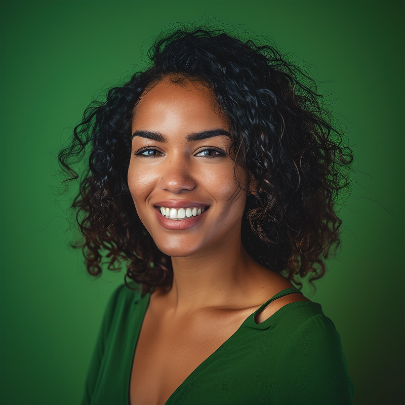 Smiling woman with curly dark hair wearing a green top against a green background.