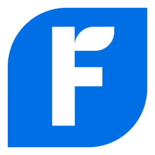 Green letter F with a leaf detail inside a blue rounded leaf-shaped background.