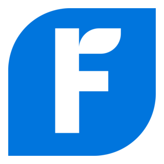 Green letter F with a leaf detail inside a blue rounded leaf-shaped background.