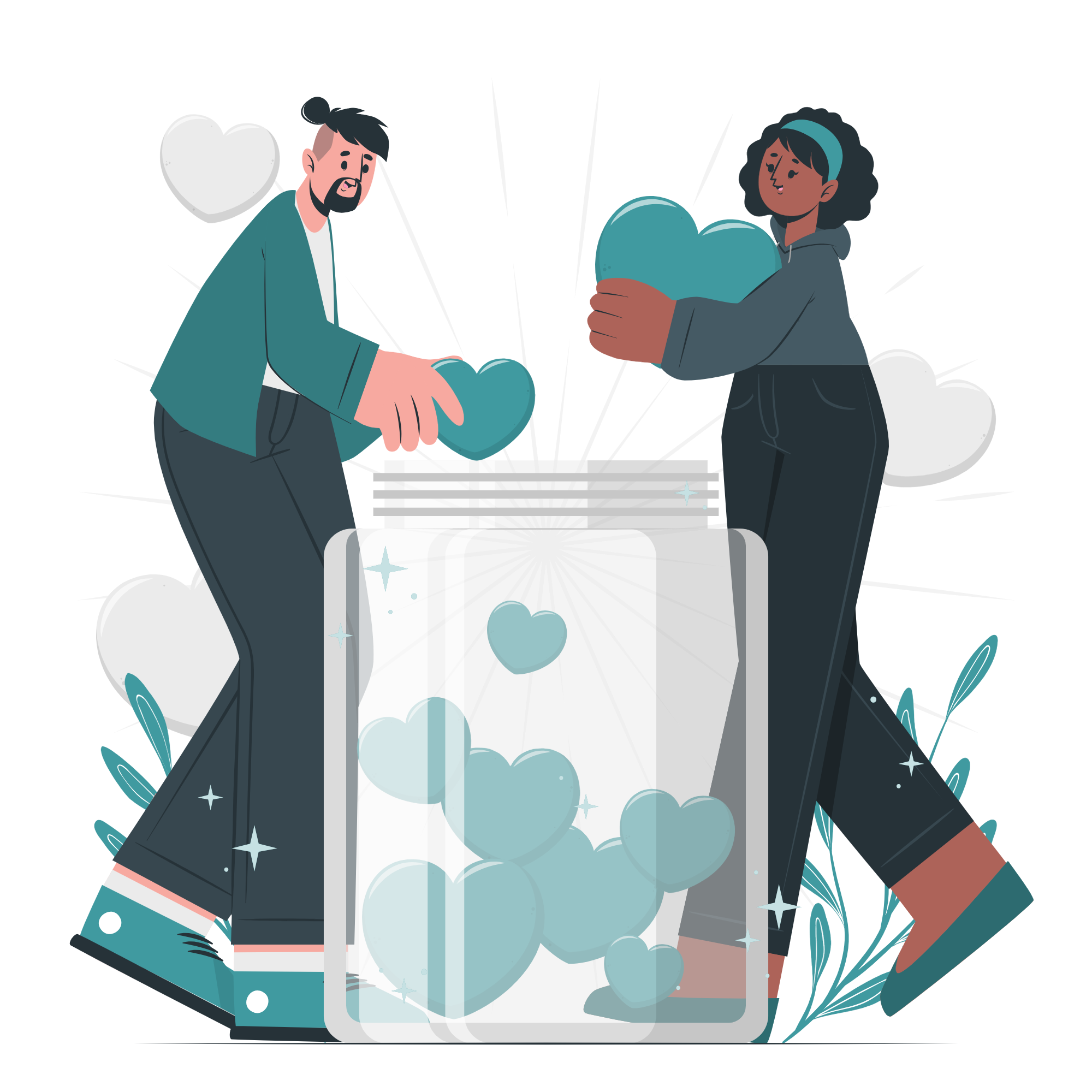 Two people placing large heart shapes into a transparent jar filled with hearts, symbolizing charity or donations.